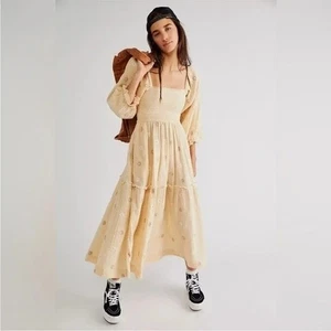 Free People Dahlia Kleid Damen Large Buttergelb Boho Bestickt Maxi Sommer - Bild 1 von 8