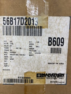 Marathon B609 Electric Motor 3/4 HP 1725 Rpm 1ph 277 Volt 56 Frame 056B17D2013 - Image 1 of 4