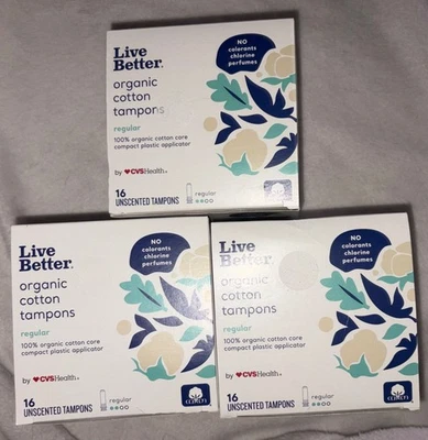 Tampones de algodón orgánico Live Better CVS regular 3 cajas de 16 tampones 48 en total Foto 1 de 4