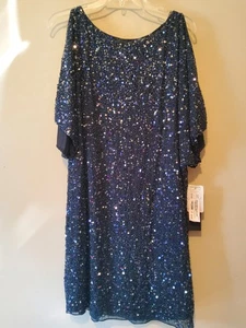 Aidan Mattox Navy Sequin Open Shoulder Lined 100% Silk Party/Wedding Dress sz 8 - Picture 1 of 9