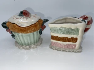 Vintage Department 56 Sugar Bowl Cupcake & Creamer Cake Slice Holiday Set - Picture 1 of 8