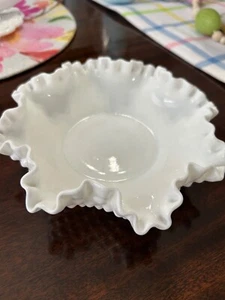 Vintage Fenton While Milk Glass Hobnail Bonbon Bowl Dish Compote Crimped Edge 8” - Picture 1 of 7