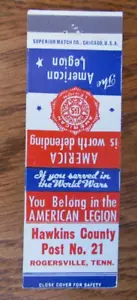 FUNDA FRATERNAL LEGION MATCHBOOK: ROGERSVILLE, TN CUBIERTA VACÍA -B9 - Imagen 1 de 1