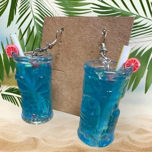Ocean Blue Handcrafted Resin Tiki Glass Face Earrings by Artist Brandee Herda - Picture 1 of 1