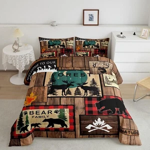 Retro Cabin Queen Comforter Set Rustic Adventure Bear Deer Bedding Set Huntin... - Picture 1 of 8