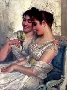 Oil painting adolfo belimbau - Beautiful young girls sitting with the lovebirds - Picture 1 of 1