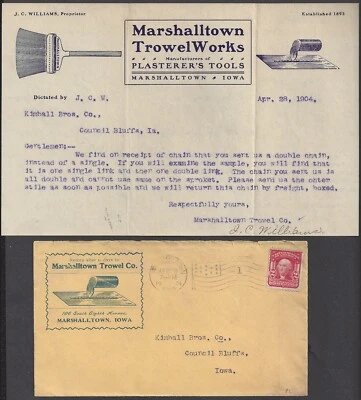 MARSHALLTOWN IA ~ TROWEL WORKS PLASTERER'S TOOLS, ILLUS ADV. COVER & LETTER 1904 - Image 1 of 2