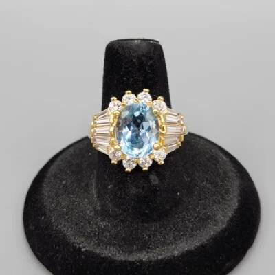 3.85 ct Oval Swiss Blue Topaz & CZ Halo Sterling Silver Vermeil Ring Sz 7.5 7.3g - Image 1 of 4