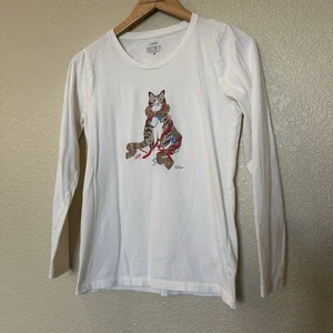 J. T-shirt Crew donna simpatica gatto nastro rosso grafica tocco oro metallizzato taglia XS - Foto 1 di 4