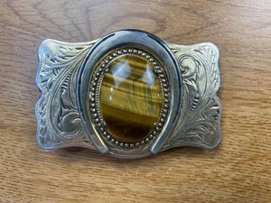 Silver Tone Horseshoe Belt Buckle with Tigers Eye Cabochon - Picture 1 of 4