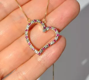 Vtg 10k Solid Gold Natural Ruby Diamond Heart Necklace Pendant Chain Pave Large - Picture 1 of 9