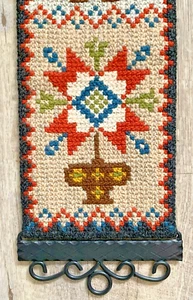 Folksy Scandinavian Rya Wool Folk Art Wall Textile Iron End Hangers Vtg 37"×6.5" - Picture 1 of 12
