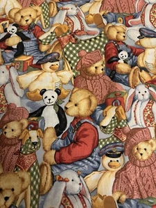 Vintage Daisy Kingdom Blue Jean Teddy Toy Allover fabric 1 Yard - Picture 1 of 3