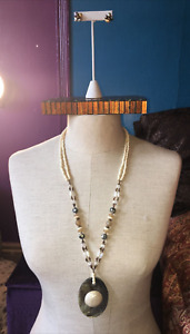 Artisan White Cream Shell Abalone Pearl Crystal Statement Necklace Set