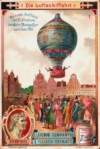 Victorian Trade Card Liebig Luftschiffahrt 1783 globo postal vintage L1 - Imagen 1 de 2