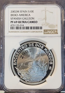 2002 SPAIN SILVER 10 EURO SPANISH GALLEON NGC PF 69 ULTRA CAMEO RARE TOP POP - Picture 1 of 3