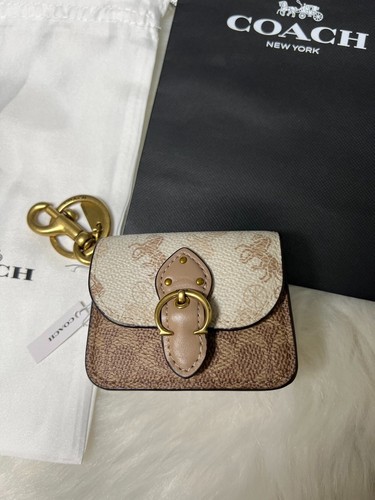 COACH Mini Beat Bag Charm C4053 Portachiavi Cavallo e Carrozza Firma Beige Nuovo