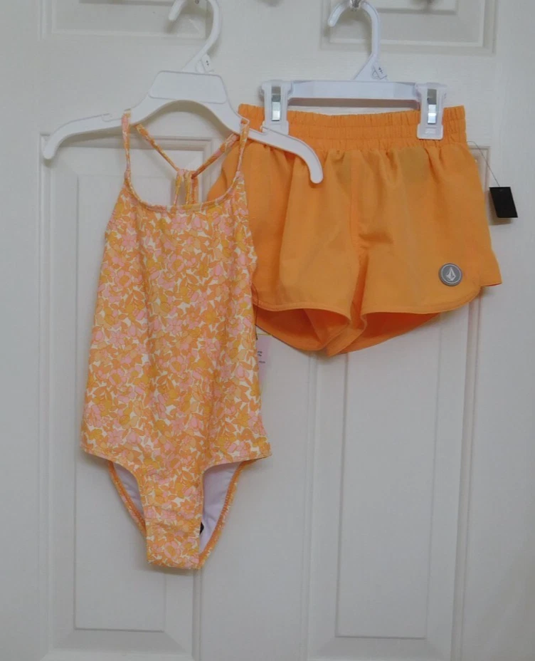 Conjunto de maiô e shorts florais melão 1 peça meninas Volcom novo com etiquetas tamanho 3t ou 4t - Imagem 1 de 1