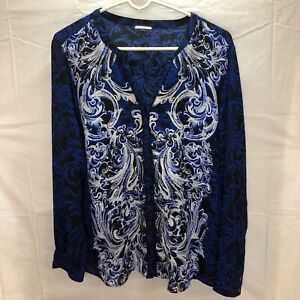 DANA BUCHMAN Women  14 Blue V Neck Long Sleeve Blouse Button Top Floral Paisley