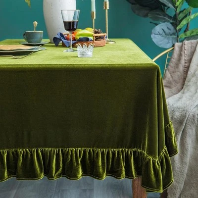 Velvet Tablecloth Luxurious 102" x 60" (Rectangular), Olive Green  - Image 1 of 4