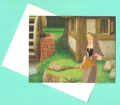 Disney Анимационная Карта СПЯЩАЯ КРАСАВИЦА Шариковая Роза возле лесного коттеджа Неиспользованная - Изображение 1 из 2