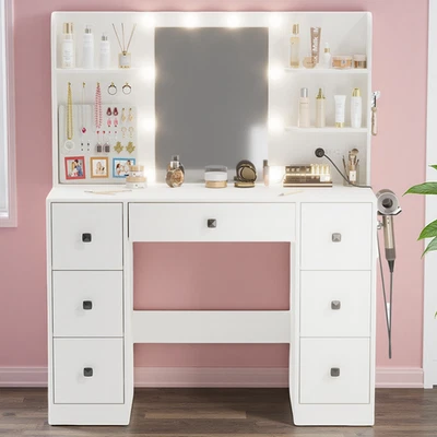 Tocador Escritorio Maquillaje Tocador Espejo Luces 7 Cajones Joyería Tablero para Dispartir Foto 1 de 4