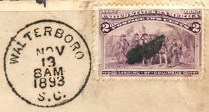 Sc #231 Waterboro SC Nov 13 1893 Town Date Cancel 2 Cent Columbian 1893 US 65F53 - Picture 1 of 2