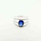 Blue Oval Cut Sapphire and Genuine White CZ 3 Rows Design Handmade Wedding Ring