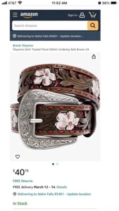 SHYANNE GIRLS TOOLED LEATHER FLORAL GLITTER Underlay BELT COWGIRL, Sz 24 - Picture 1 of 8