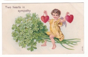 Valentine antique postcard / Two hearts in sympathy / cupid shamrocks - Picture 1 of 2