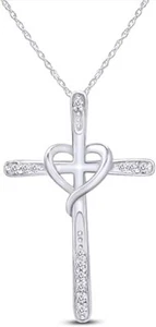 Cross Heart Pendant Natural Round Diamond Accents 10K Solid Gold 18" Necklace - Picture 1 of 12