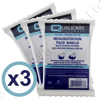 QUALICARE 3 x Resuscitation Face Shield CPR Mask with Filter Mouth Emergency First Aid Kit