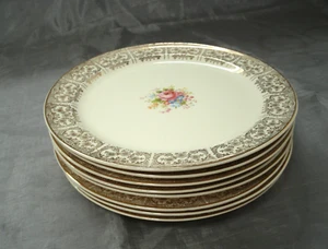 Vtg Taylor Smith TST728 Set of 8~8-1/2" Salad Plates Gold Filigree & Pink Roses - Picture 1 of 5