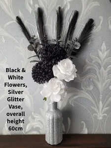 SCHWARZ & WEISSE BLUMEN, SILBER GLITZERGLASVASE, KÜNSTLICH HANDGEFERTIGT, 60 cm - Bild 1 von 6