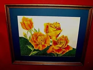 Yellow Roses Green Field OLD VINTAGE ORIGINAL Signed B Drennan Pastel Art FRAMED - Picture 1 of 12