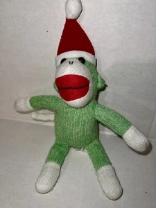 Galerie 12" Christmas Green White Sock Monkey W/ Santa Hat Plush Stuffed Animal - Picture 1 of 3