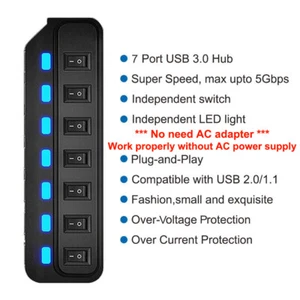 4/7 Port USB 3.0 HUB 5Gbps High Speed Data Power Splitter Adapter ON/OFF Switch - Picture 1 of 8