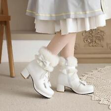 Ankle Boots Block Heel Round Toe Lace-up Bow Lolita Womens Side Zip Furry Shoes