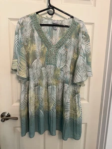 Catherines Top Womens Size 3X Short Sleeve Leaf Print Sheer Tropical Resortware - Picture 1 of 10