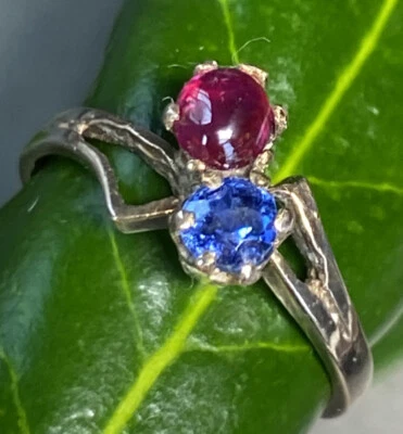 10K Rose Gold Blue Red Cabochon Spinel Toi Et Moi Vintage Bypass Ring Size 6.75 - Image 1 of 4