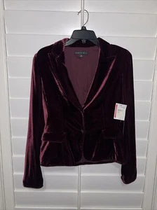 Lafayette 148 Velvet Snap Button Blazer Jacket Silk Blend Size 6P Maroon Red NWT - Picture 1 of 12