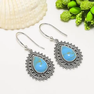 Copper Blue Turquoise Gemstone 925 Sterling Silver Jewelry Earring, Gift For Her - Picture 1 of 4