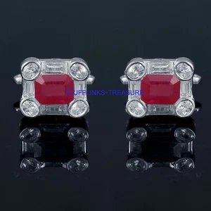 Natural Ruby & CZ Gemstones with 925 Sterling Silver Cufflinks For Men's #6692 - Picture 1 of 6