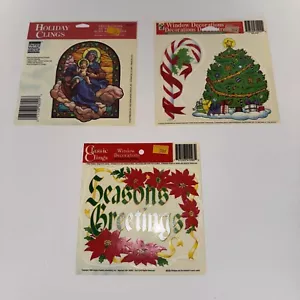 3 Christmas Color Clings Window Decals Mini Mary/Joseph Tree Candy Cane Vintage - Picture 1 of 4