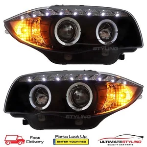 BMW 1 Series Headlights Angel Eyes Twin Halo LED DRL & Projector 2007-2014 Black - Picture 1 of 13
