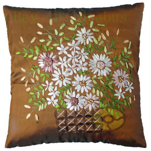 Square Chinese Hand Ribbon Embroidered Floral Satin Cushion Cover/Pillow case