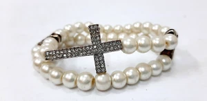 Faux White Pearl And Crystal Cross Stretch Bracelet(1.4) - Picture 1 of 5