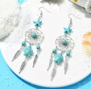 Hermosos aretes colgantes de tortuga turquesa diseño atrapasueños - Imagen 1 de 4