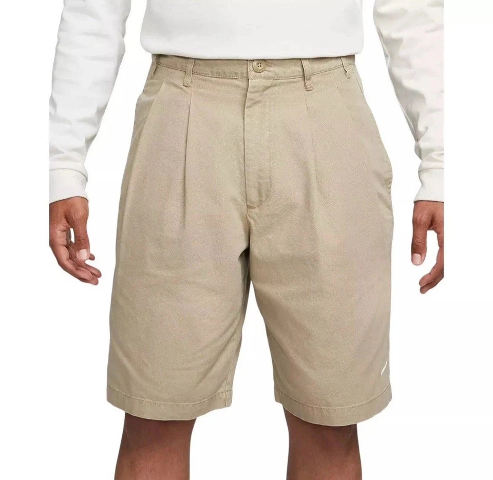Nike Life Pleated Chino at Knee Shorts Khaki Loose Fit Men Size 28 #DX0643-247