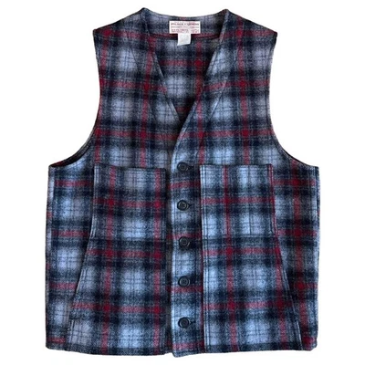 Filson Mackinaw Wool Vest Size 40 Gray Red Plaid Virgin Wool Made in USA F/S - Image 1 of 4